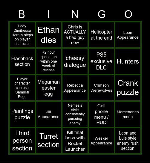 Resident Evil Village Bingo Card