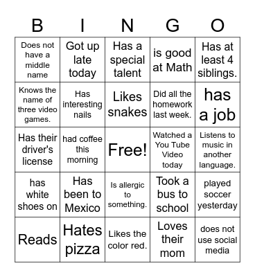 Get to know each other Bingo Card