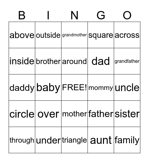 Category Words Bingo Card