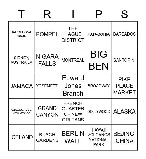Travel Bingo Card