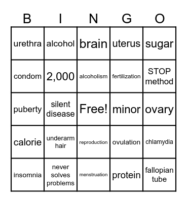 7th Grade Health Bingo Card