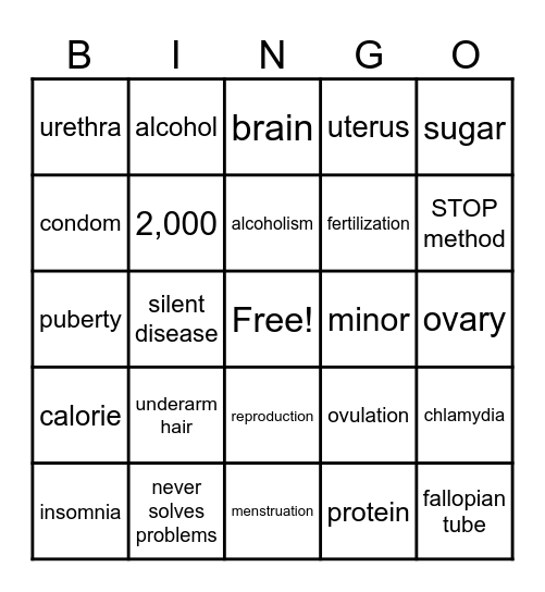 7th Grade Health Bingo Card