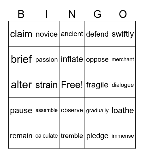 Vocabulary Bingo Card