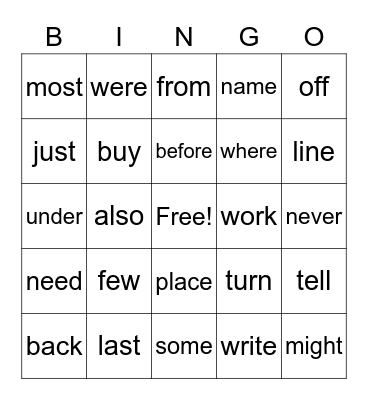 Sight words Bingo Card