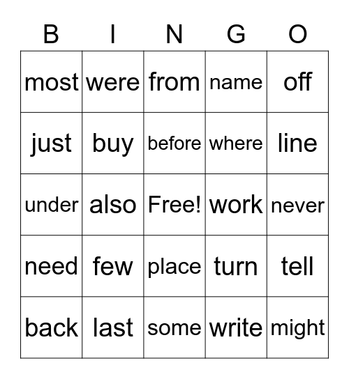 Sight words Bingo Card