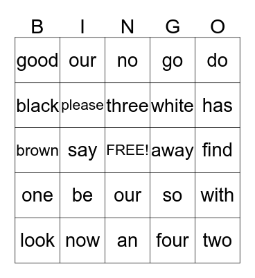 Sight Words Bingo Card