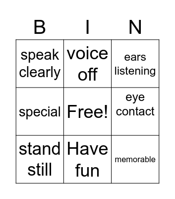 Show and Tell Bingo Card
