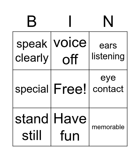 Show and Tell Bingo Card