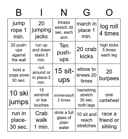 60 minute Bingo Card