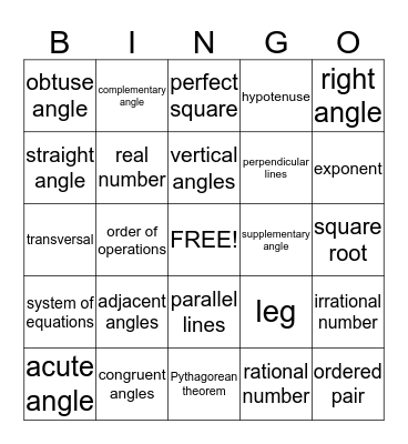 Math 8 Vocabulary Bingo Card