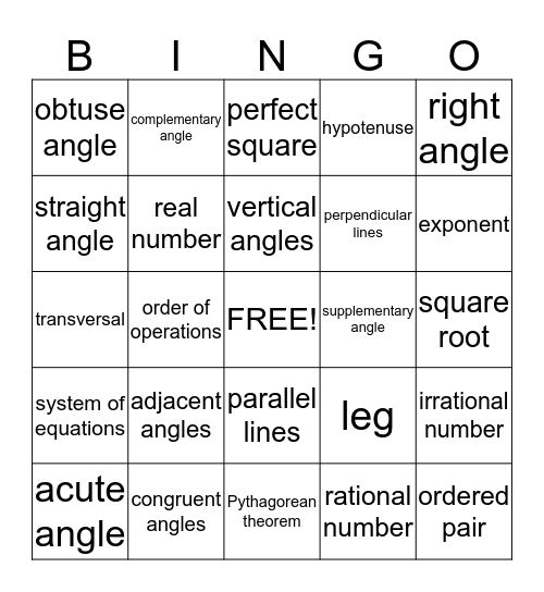 Math 8 Vocabulary Bingo Card