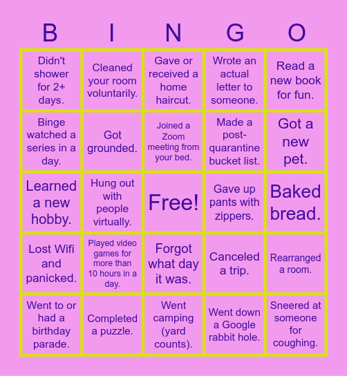 Quarantine Bingo Card