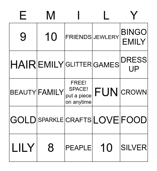 EMILY Bingo Card