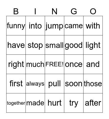 Sight Word  Bingo Card