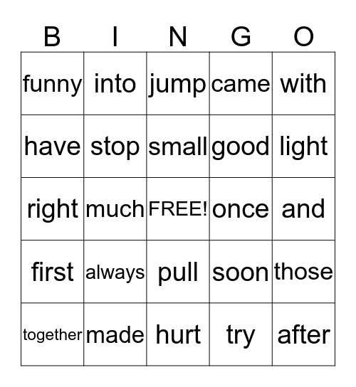 Sight Word  Bingo Card