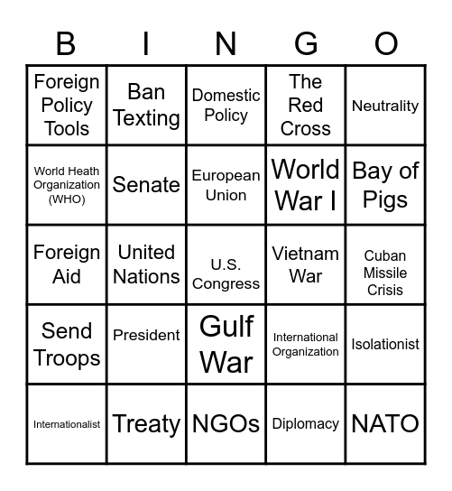 Domestic and Foreign Policy Bingo Card