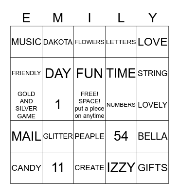 EMILY Bingo Card