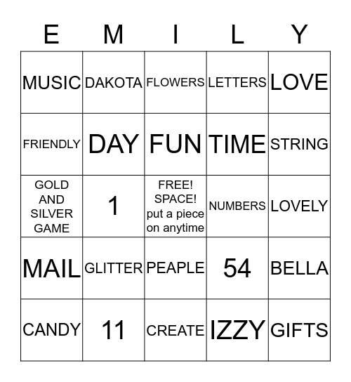 EMILY Bingo Card