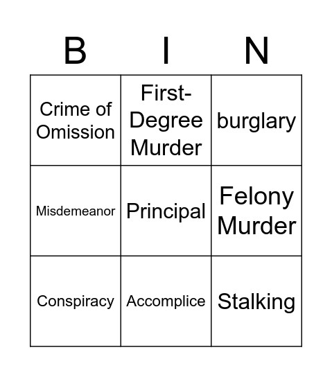 Criminal Law Bingo Card