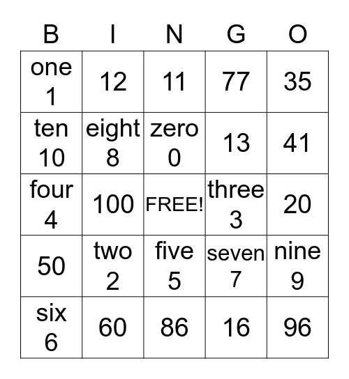 Number BINGO Card