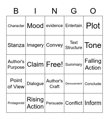 Reading Vocabulary Bingo Card