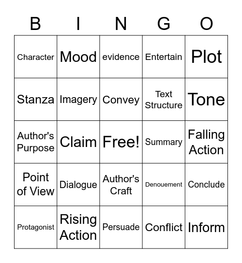 Reading Vocabulary Bingo Card