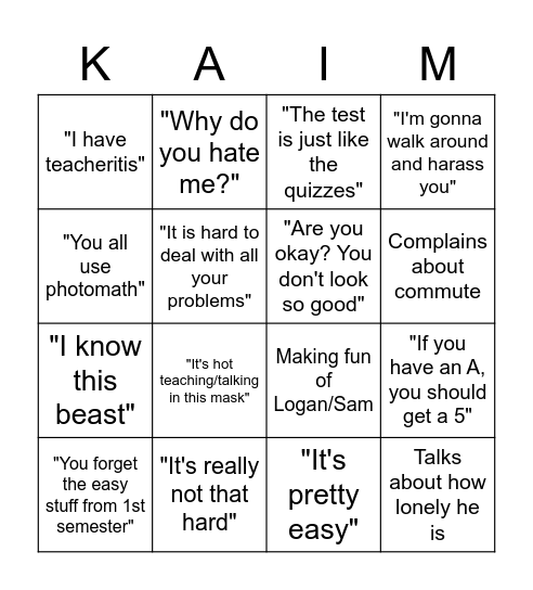 KAIM Bingo Card