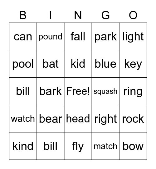 Homonyms set one Bingo Card