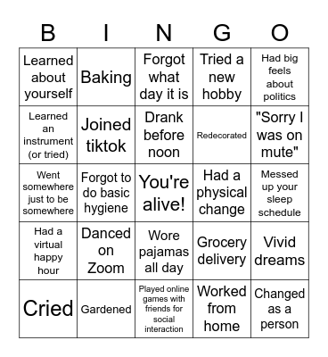 Quarantine Bingo Card