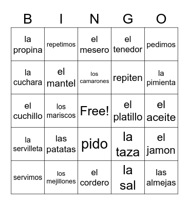 Spanish II Restaurant Voc y Stem-Changing Verbs Bingo Card