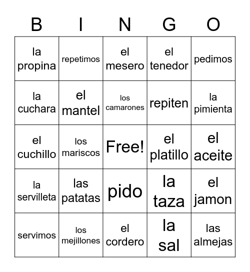 Spanish II Restaurant Voc y Stem-Changing Verbs Bingo Card