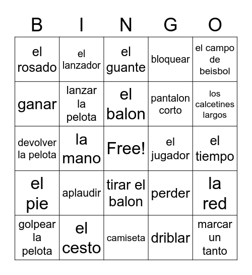Spanish I Ch. 5 - Los Deportes Vocabulario Bingo Card
