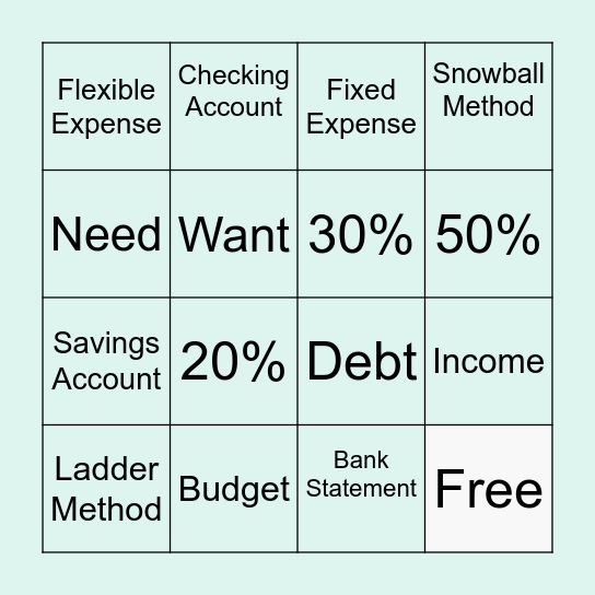 Budgeting Bingo Card