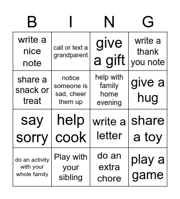 Family Relationships Challenge Bingo Card