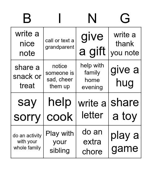 Family Relationships Challenge Bingo Card