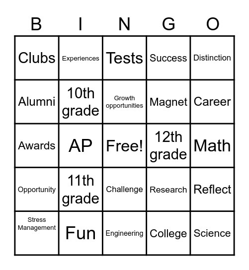Freshmen STEM leadership conference Bingo Card