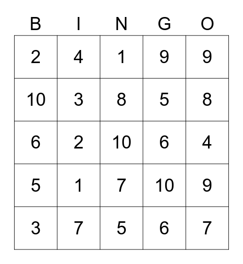 Numbers 1-10 Bingo Card