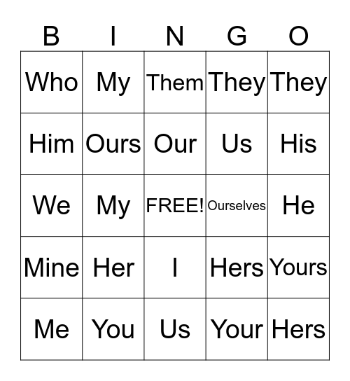 Pronoun Bingo Card