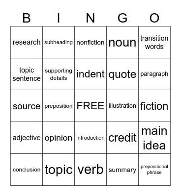 ELA Vocabulary Bingo Card