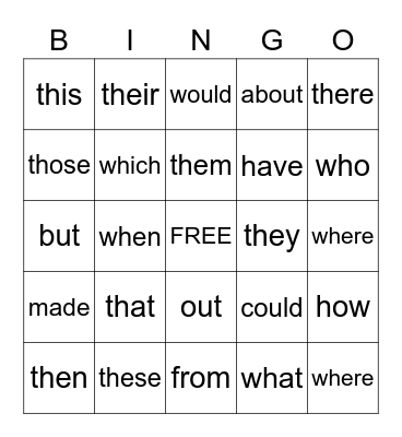 Sight Words Bingo Card