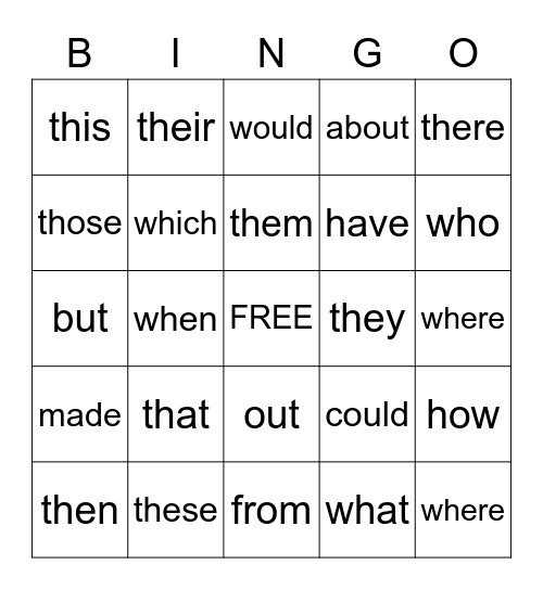 Sight Words Bingo Card
