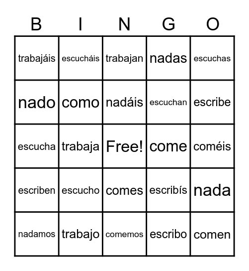 Conjugation BINGO Card
