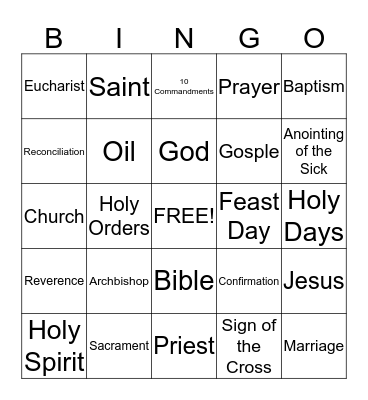 Confirmation Bingo Card