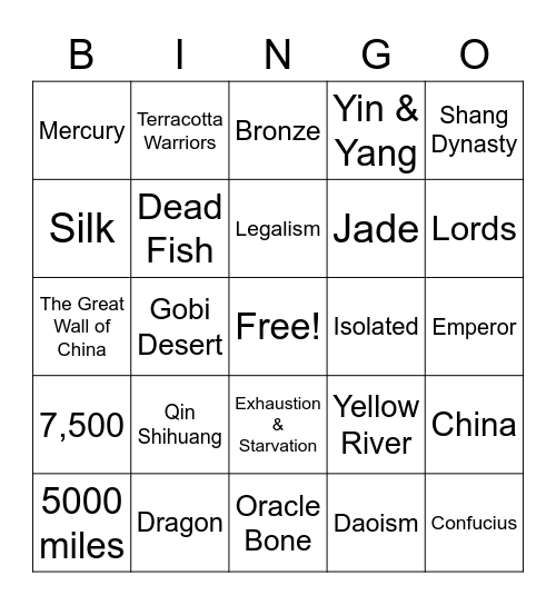 Ancient China Bingo Card