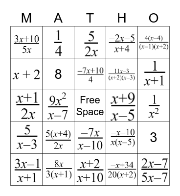 Rational Expressions MATHO Bingo Card
