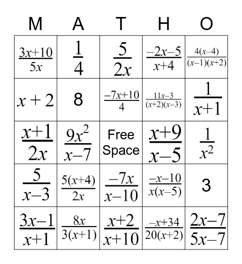 Rational Expressions MATHO Bingo Card
