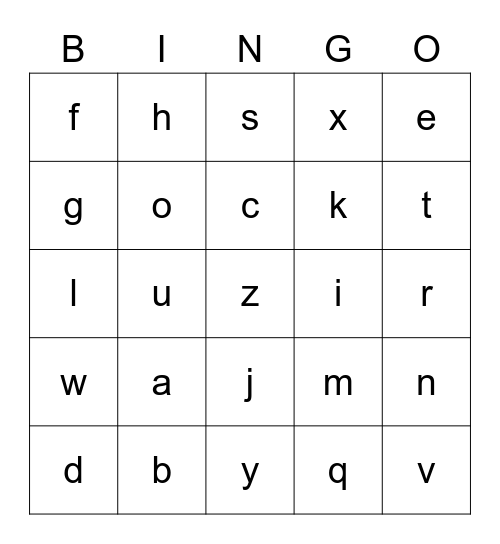 lowercase alphabet Bingo Card