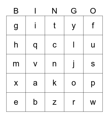 lowercase alphabet Bingo Card