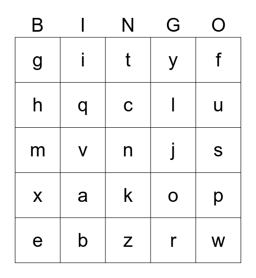 lowercase alphabet Bingo Card