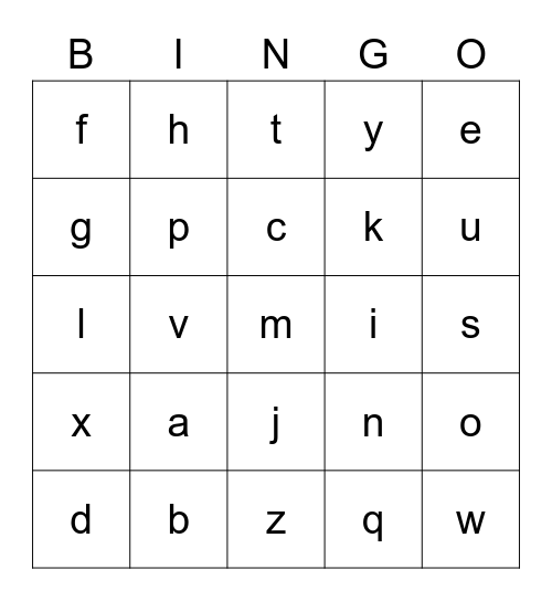 lowercase alphabet Bingo Card
